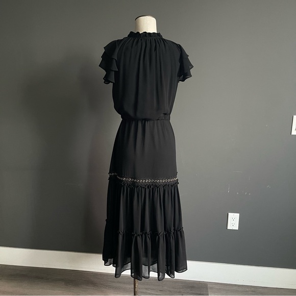 MISA Los Angeles Black Silk Chiffon Tiered Midi Dress Ruffle Grommet S - Picture 6 of 9
